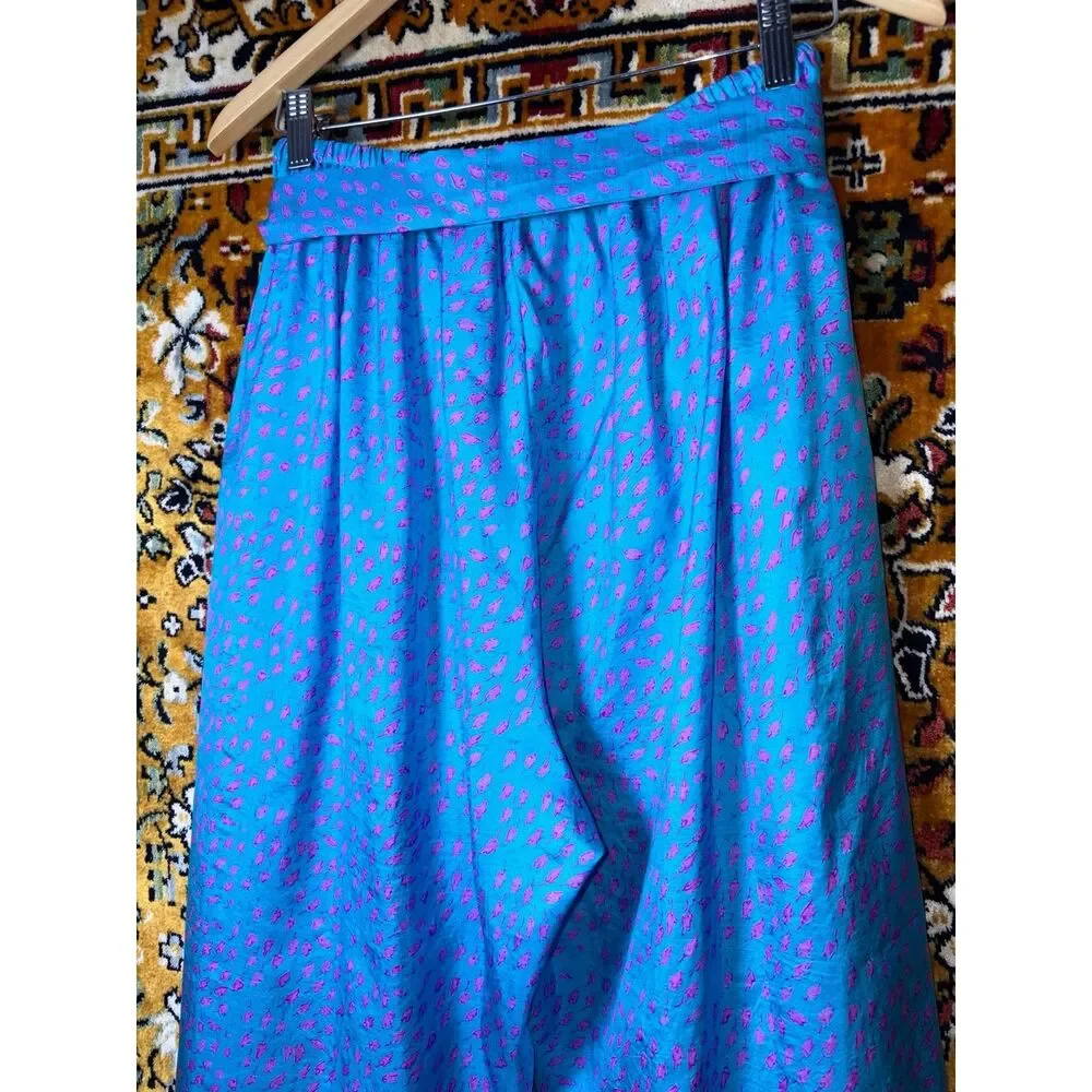 Vintage Custom 100% Silk Artsy Blue Patterned Wide Leg Pants Size M Boho Luxe